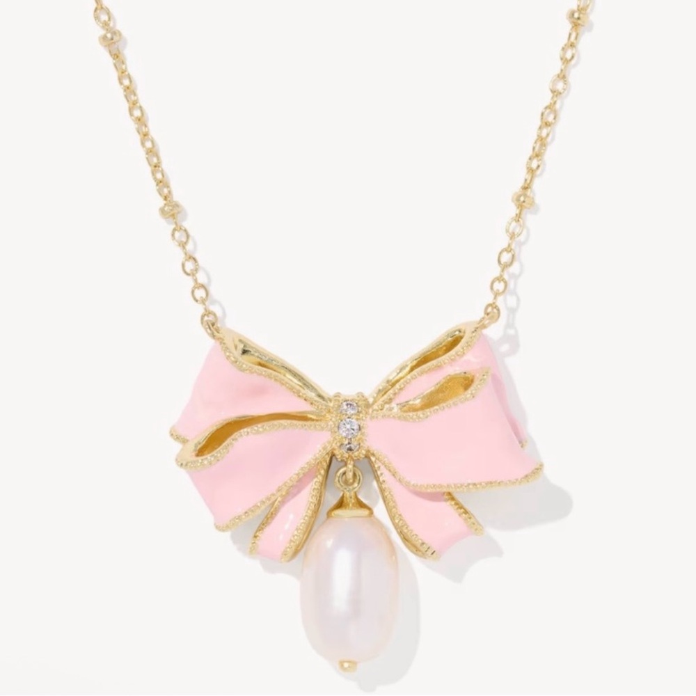 NEW LoveShackFancy x Kendra Scott Pink Gold Bow Pearl Drop Necklace